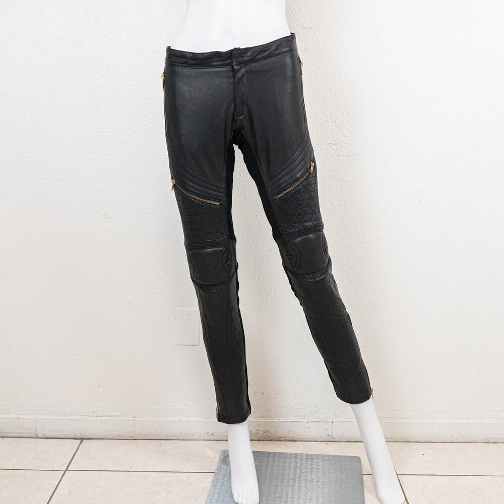 Skingraft Black Leather Moto Pants Quilted Knee Zip Skinny Biker size Small - Picture 9 of 15